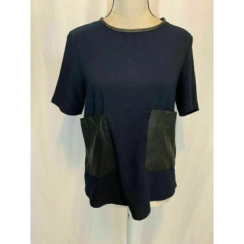 Zara Womens Midnight Blue Black Faux Leather Short Sleeve Top Small